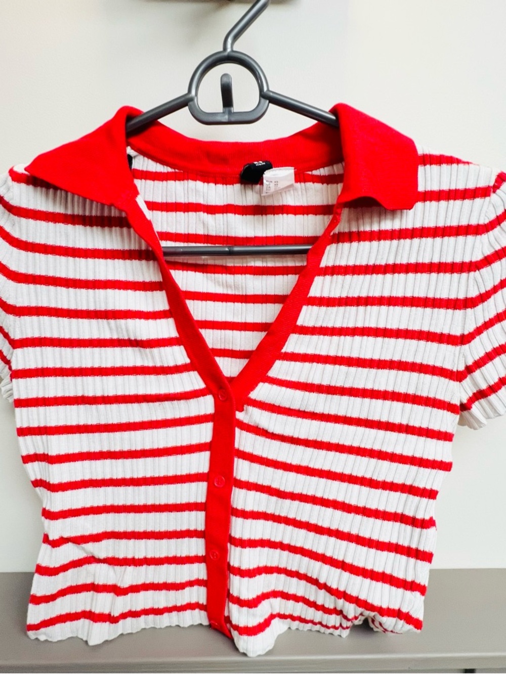 H&M Red and White Striped Crop Polo Top